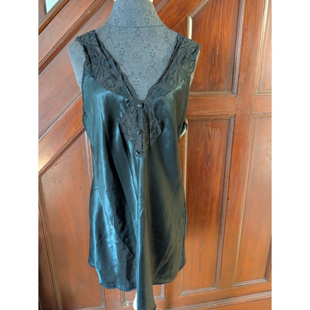 Vintage Val Mode Black Satin & Lace Nightgown Chemise Lingerie Button Details L